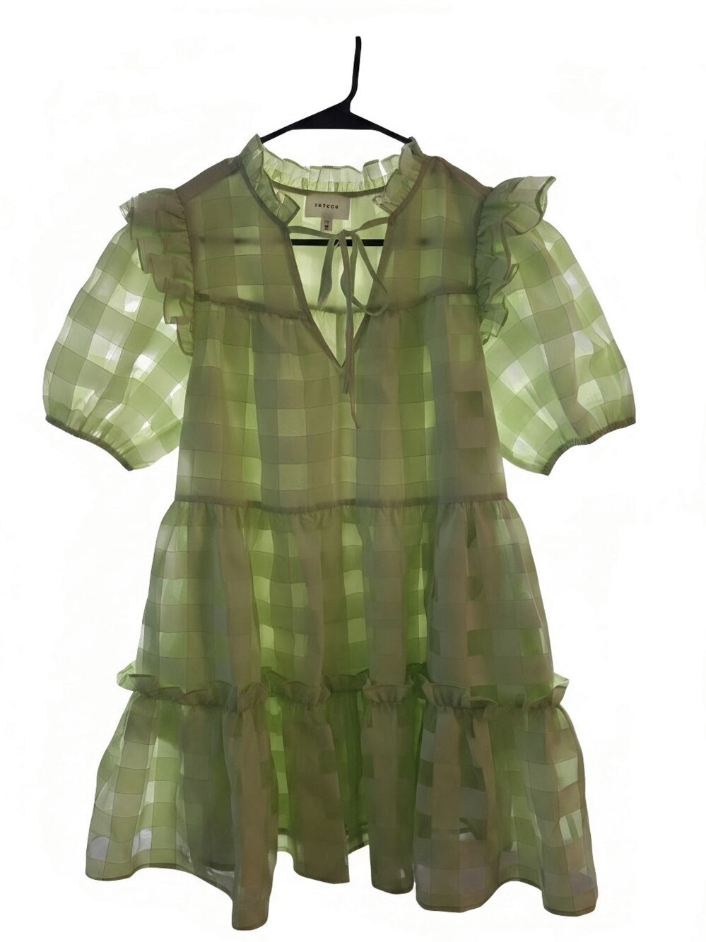 Heyson Sheer Light Green Gingham Ruffle Tiered Mini Dress